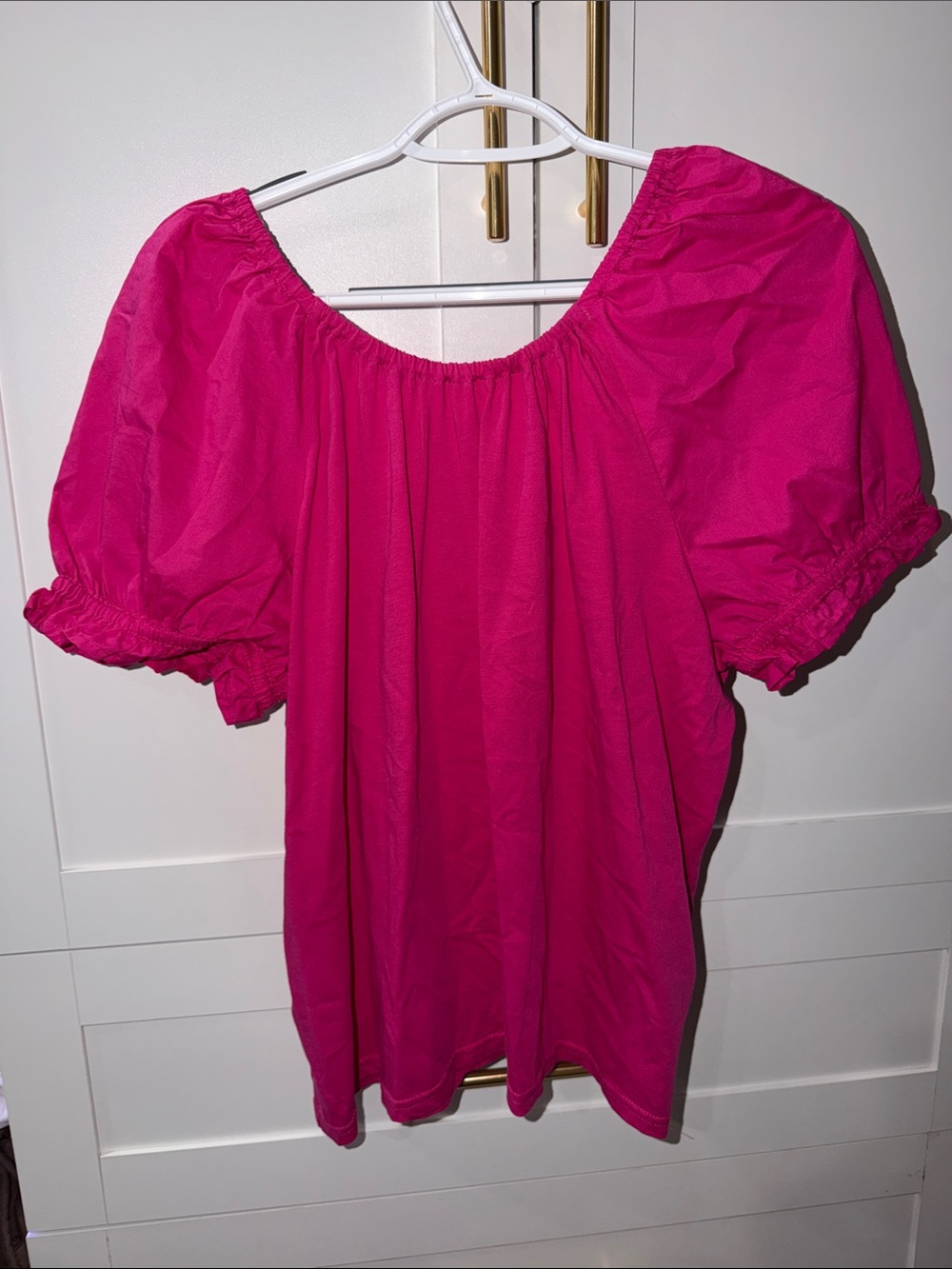 J. Crew Bright Pink Puff Sleeve Peasant Top